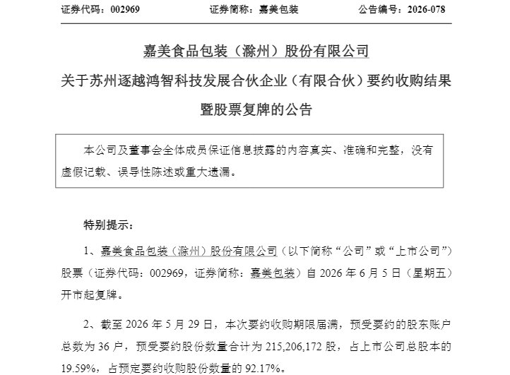 周五复牌!嘉美包装易主 追觅科技俞浩成实控人